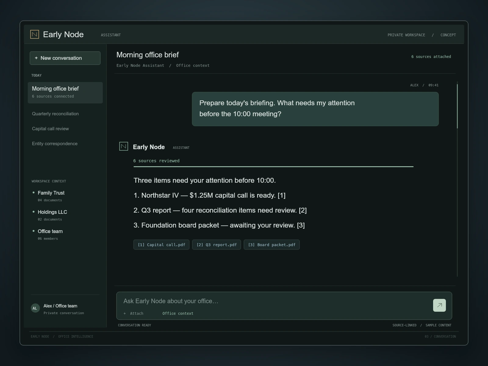 Early Node — AI conversation (visual concept, sample data)