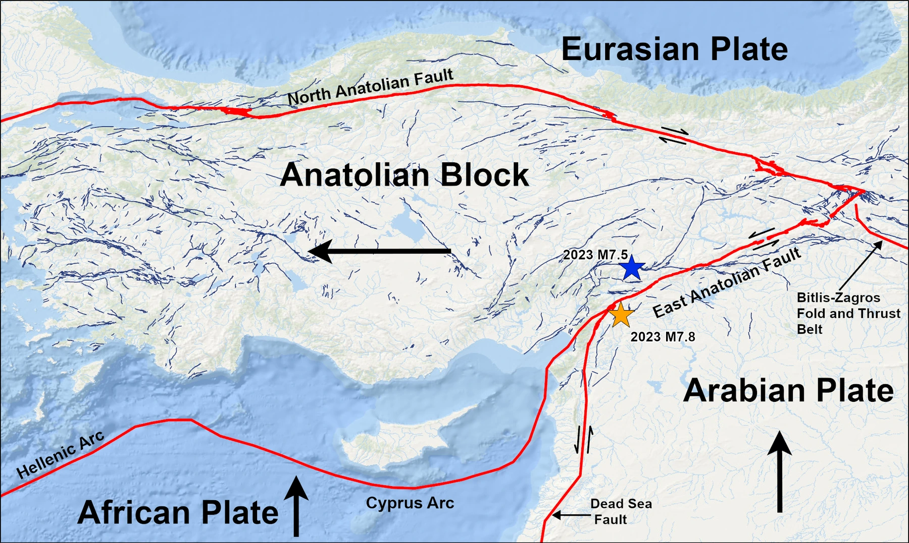 6 February 2023 — epicentres and tectonic setting